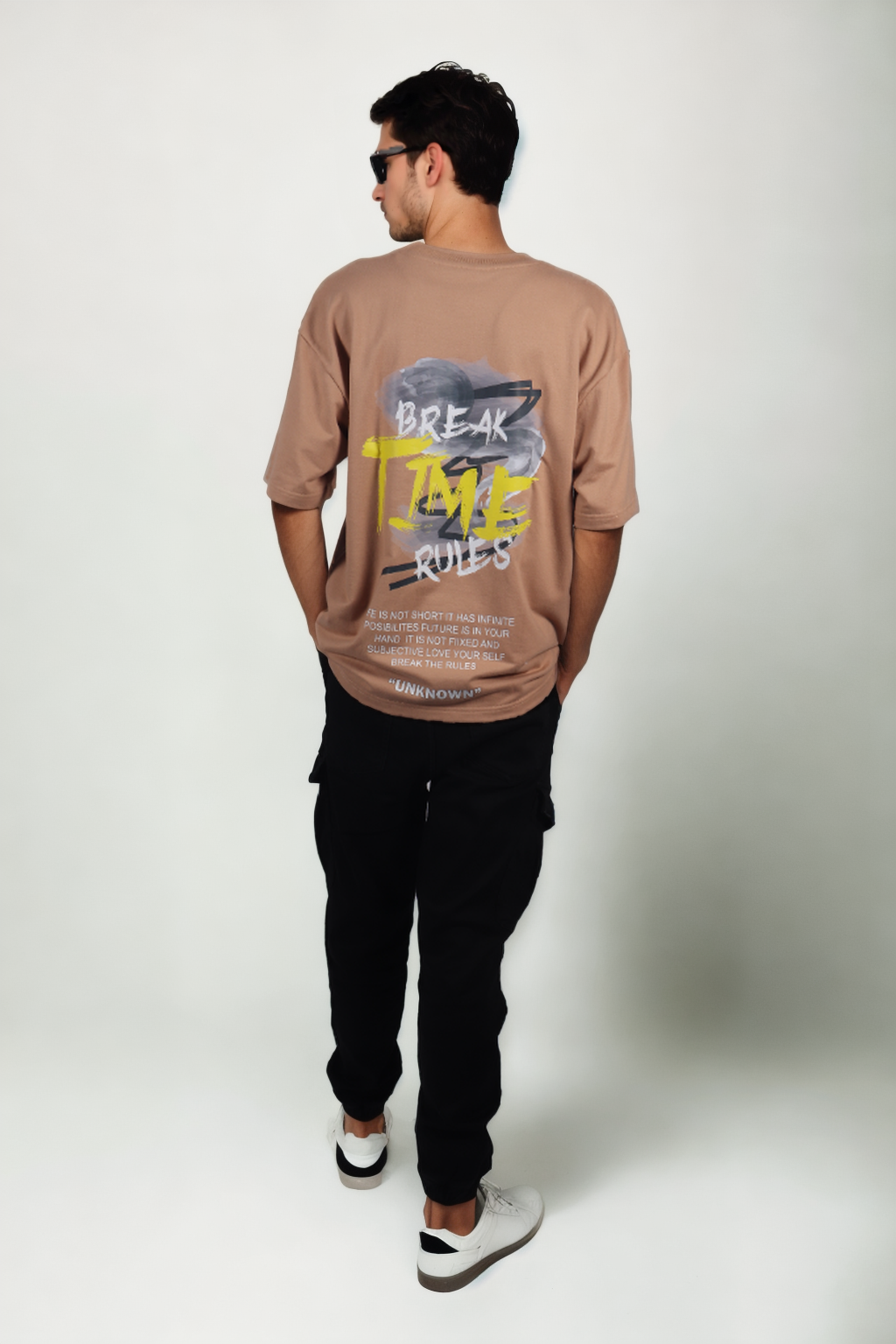Oversized 100% Cotton Drop Shoulder Printed T-Shirt (Beige)