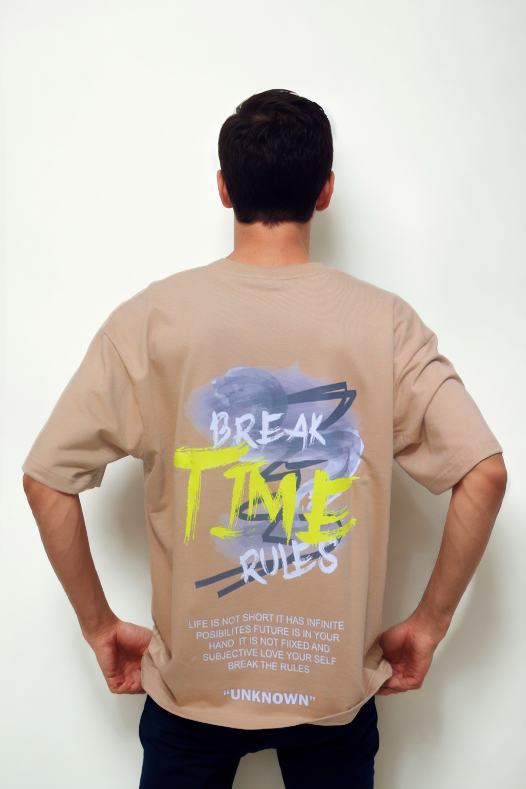 Oversized 100% Cotton Drop Shoulder Printed T-Shirt (Beige)