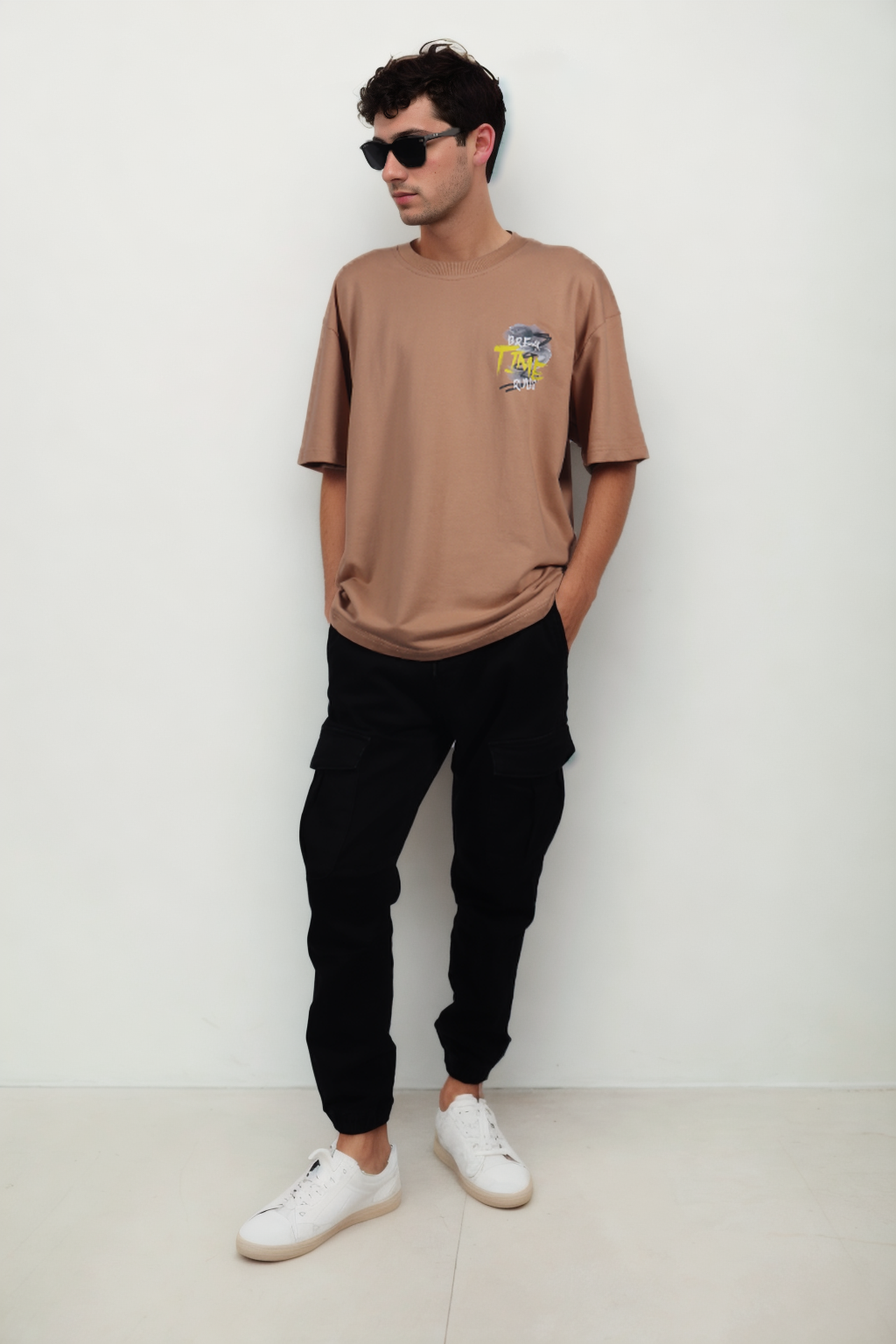 Oversized 100% Cotton Drop Shoulder Printed T-Shirt (Beige)